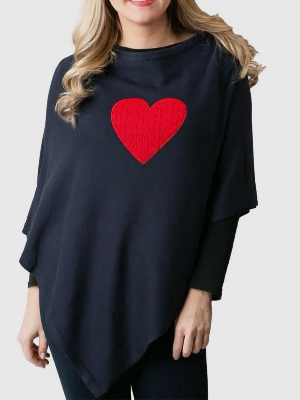 Top It Off Asymmetric Navy Knit Heart Poncho O/S NWT